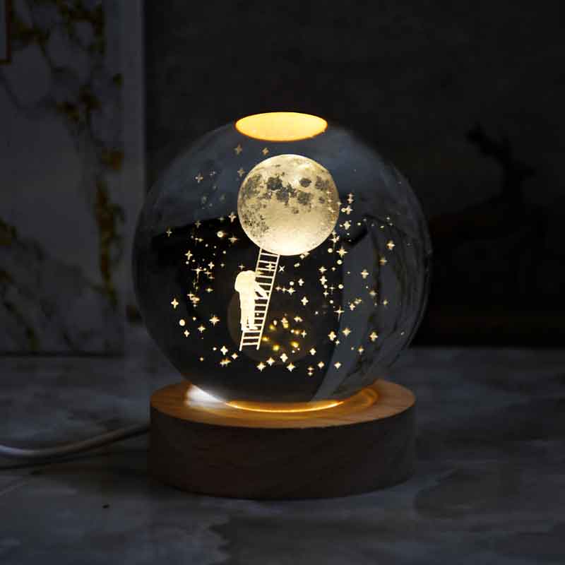 چراغ خواب مدل گوی کریستال سه بعدی طرح ماه ونردبان قطرگوی 10 سانتی متر